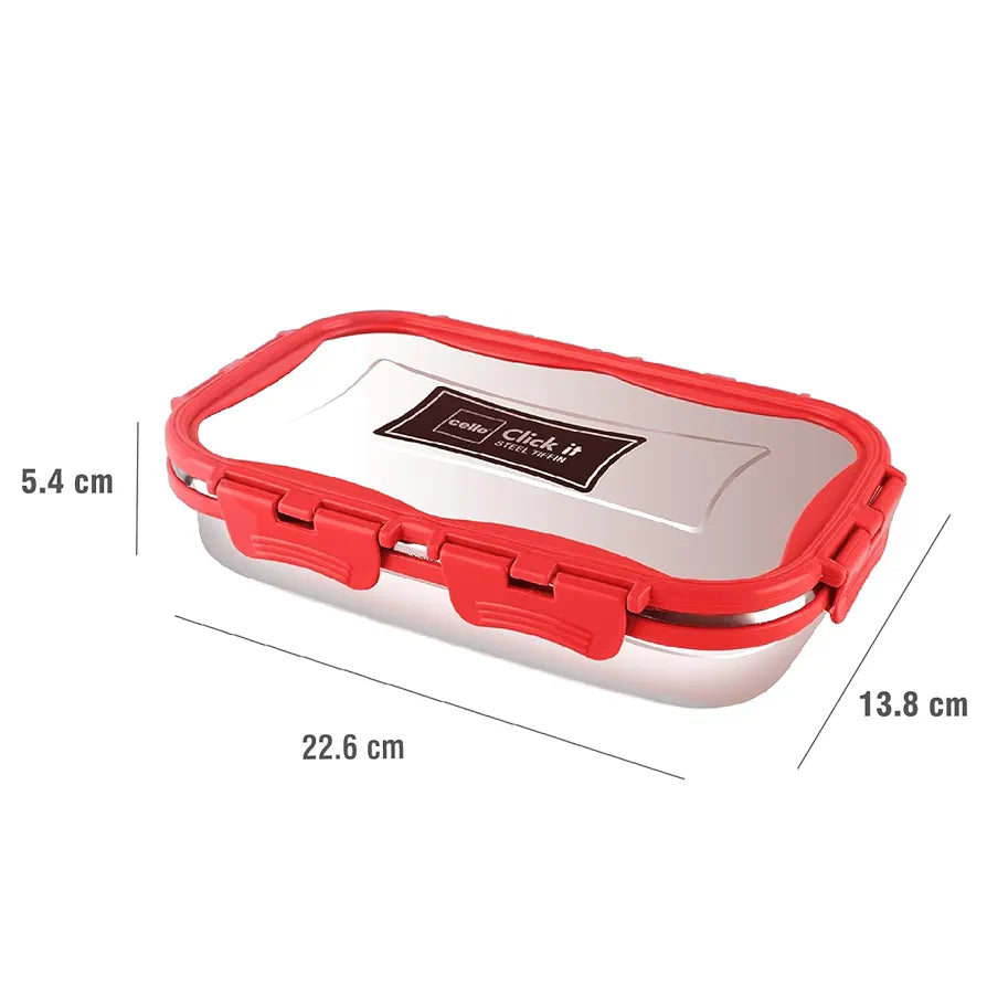 CELLO Click it Steel Insulated Lunch Box, Big, 1024ml, Red | 2 Container Tiffin for Adults | Snacks Tiffin for Kids with Veg Box | Leak-Proof & Unbreakable Lid | Ideal for Office, School, College